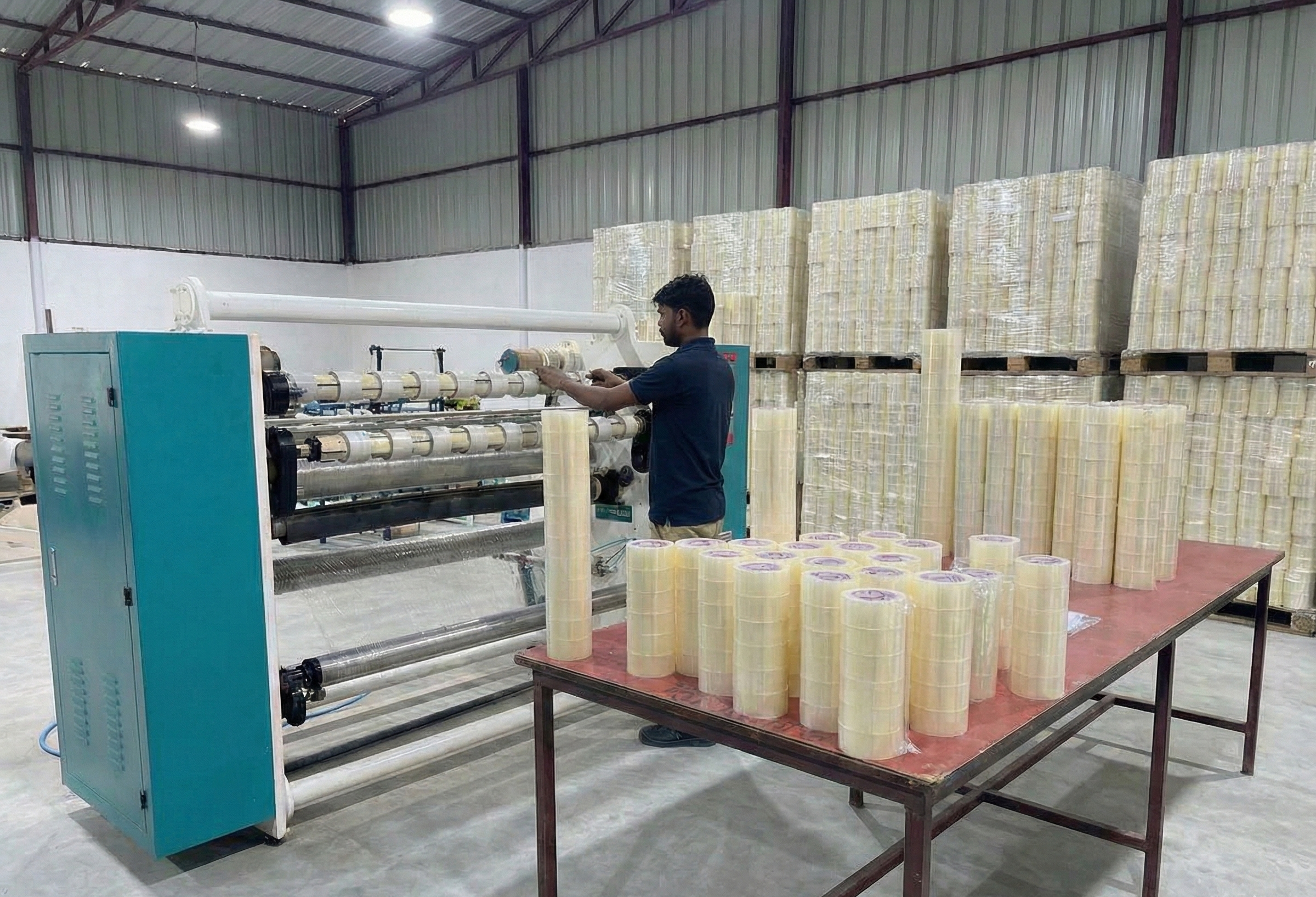 Workers handling adhesive tape production and packing